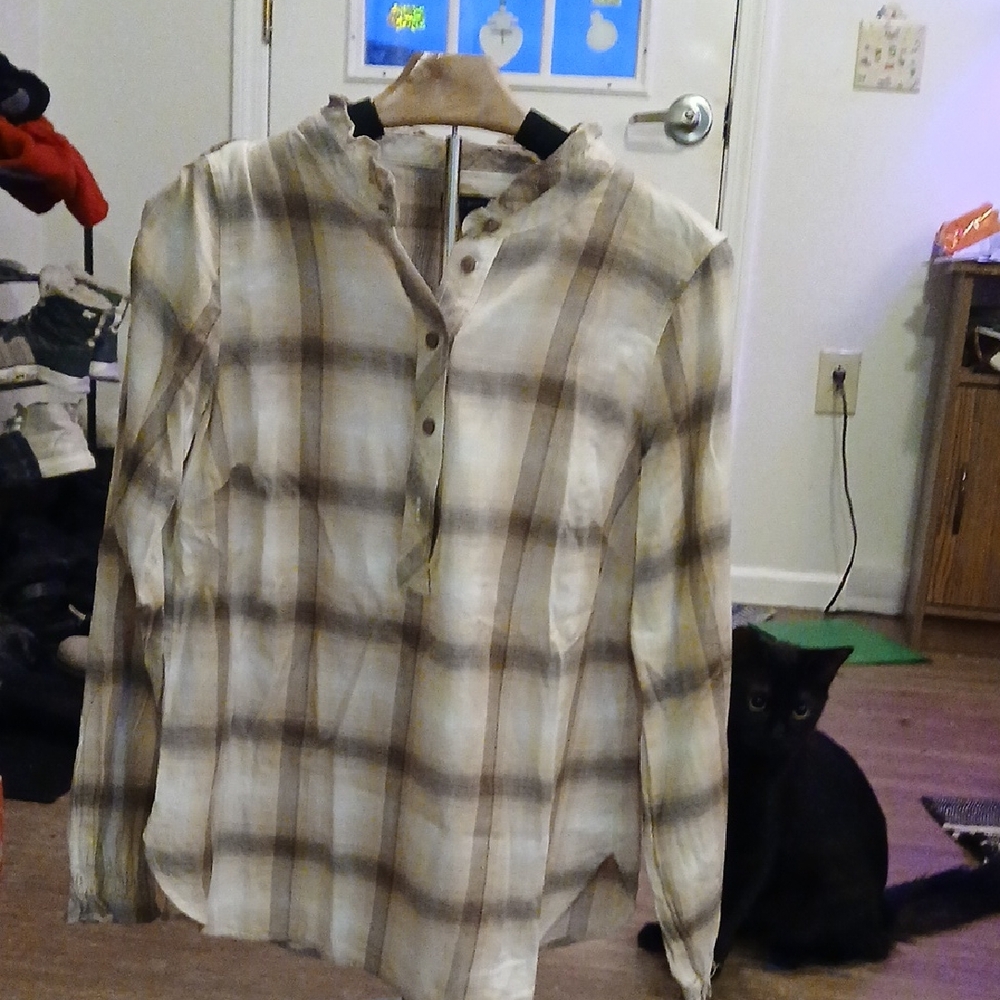 Talbots Womens MediumPlaid Button-Up Shirt Ruffle Collar